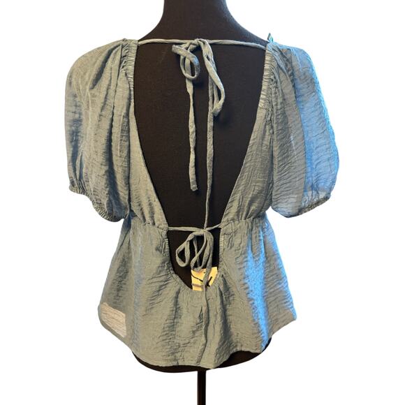 Melrose and Market Puff Sleeve Babydoll Top In Blue Provincial Size M Open Back - Picture 5 of 8